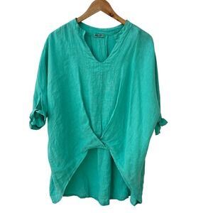 Meo Meli Made‎ in Italy Tunic Top Green Linen Minimalist Vacation Summer XL Boho